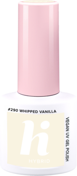 Hybrydowy lakier do paznokci hi #290 Whipped Vanilla, biała butelka z różową nakrętką, widok z przodu.