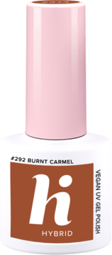 Wegański lakier hybrydowy hi HYBRID #292 Burnt Carmel, butelka z różową nakrętką, widok z przodu.