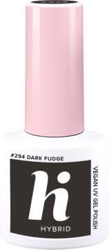 Butelka wegańskiego lakieru hybrydowego Hi Hybrid #294 Dark Fudge, ciemny brąz z różową zakrętką, widok z przodu.