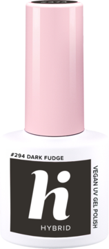 Butelka wegańskiego lakieru hybrydowego Hi Hybrid #294 Dark Fudge, ciemny brąz z różową zakrętką, widok z przodu.