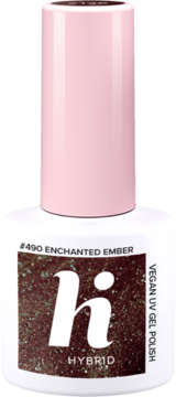 hi HYBRID #490 Enchanted Ember vegan UV gel polish, copper-brown with golden shimmer, bottle front view.