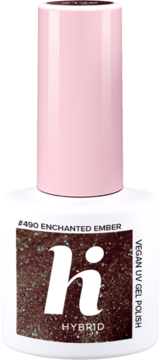 hi HYBRID #490 Enchanted Ember vegan UV gel polish, copper-brown with golden shimmer, bottle front view.