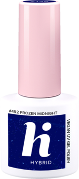 hi HYBRID #492 Frozen Midnight VEGAN UV GEL POLISH, ciemnogranatowy z shimmerem, różowa nakrętka, widok z przodu.