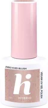 Hi Hybrid #493 Iced Blush vegan UV gel polish in a white bottle with a light pink cap, front view.