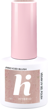 Hi Hybrid #493 Iced Blush vegan UV gel polish in a white bottle with a light pink cap, front view.
