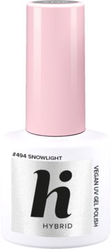 Hi Hybrid #494 Snowlight, wegański lakier UV gel w białej butelce z różową nakrętką, z przodu.