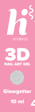Hi hybrid żel do zdobień 3D Glowgetter, 10 ml, brokatowy srebrny żel na różowym tle, widok z przodu.