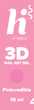 Różowy żel hi hybrid 3D Pinkcredible 10 ml do zdobień paznokci. Karta produktu z nazwą i kolorem.