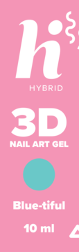 hi hybrid 3D Nail Art Gel Blue-tiful 10 ml, chłodny turkusowy kolor w kółku na różowej etykiecie.