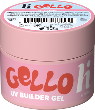 Mały różowy słoiczek żelu budującego hi hybrid GELLO #01 Clear (12g), z czerwono-białymi napisami, widok frontalny.
