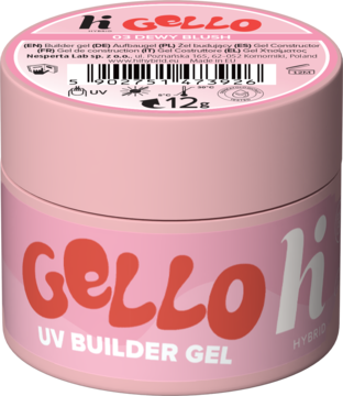 Jasnoróżowy builder gel hi hybrid GELLO #03 Dewy Blush w cylindrycznym słoiczku, z czerwoną etykietą.