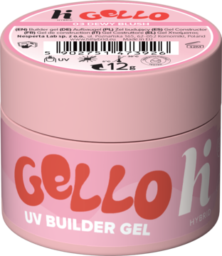Jasnoróżowy builder gel hi hybrid GELLO #03 Dewy Blush w cylindrycznym słoiczku, z czerwoną etykietą.