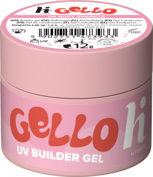 Różowy słoiczek hi hybrid GELLO #04 Soft Sparkle UV Builder Gel. Czerwone logo "Gello hi", widok z przodu pod kątem.