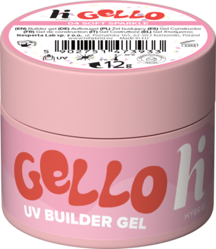Różowy słoiczek hi hybrid GELLO #04 Soft Sparkle UV Builder Gel. Czerwone logo "Gello hi", widok z przodu pod kątem.