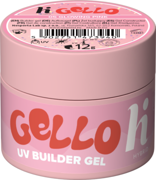 Różowy żel budujący hi hybrid GELLO #05 Glowing Pink w okrągłym słoiczku 12g, z efektem glow, widok z przodu.