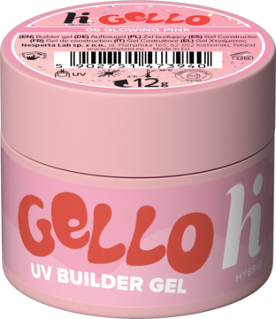 Różowy żel budujący hi hybrid GELLO #05 Glowing Pink w okrągłym słoiczku 12g, z efektem glow, widok z przodu.