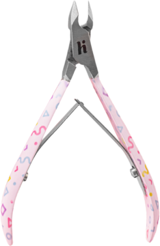 Precyzyjne cążki do skórek z różowymi uchwytami w kolorowe wzory, widok z przodu pod kątem.