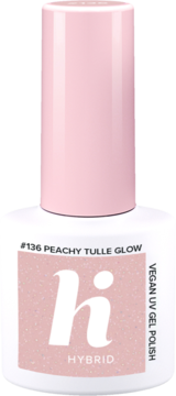 Butelka lakieru hybrydowego hi HYBRID #136 Peachy Tulle Glow, jasny brzoskwiniowy z brokatem, widok z przodu.