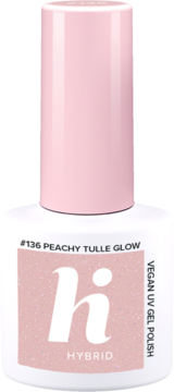 Butelka lakieru hybrydowego hi HYBRID #136 Peachy Tulle Glow, jasny brzoskwiniowy z brokatem, widok z przodu.