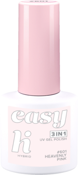 Różowy lakier hybrydowy hi hybrid easy 3w1 #601 Heavenly Pink, biała butelka z różową nakrętką, widok z przodu.