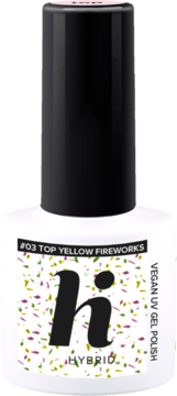Hi Hybrid #03 Top Yellow Fireworks, wegański lakier hybrydowy UV w białej butelce z drobinami konfetti.