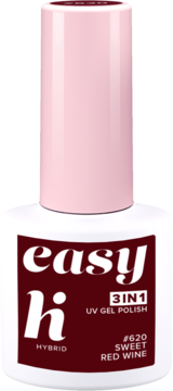 Easy Hi 3in1 UV gel polish #620 Sweet Red Wine, biała butelka z różową nakrętką, widok z przodu.