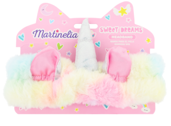 Pluszowa opaska Martinelia Sweet Dreams, pastelowy jednorożec z białym rogiem i różowymi uszami, widok z przodu na różowym opakowaniu.