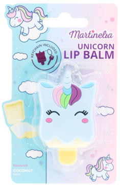 Martinelia Unicorn Lip Balm, błękitny jednorożec w kształcie loda na patyku z breloczkiem, kokosowy smak.