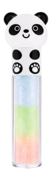 Panda lip gloss z białym dozownikiem w kształcie głowy pandy i trójkolorowym brokatem: błękit, zieleń, róż.