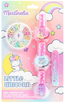 Martinelia Little Unicorn Nail Design Kit z trzema różowymi lakierami, dekoracjami i pilniczkiem, widok z przodu.