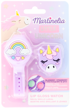 Martinelia Unicorn Lip Gloss Watch: fioletowy zegarek-błyszczyk z tęczą i jednorożcem w blistrze, widok z przodu.