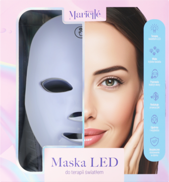 Biała Maska LED Marielle w opakowaniu, z połową twarzy uśmiechniętej kobiety na tle pastelowych figur.