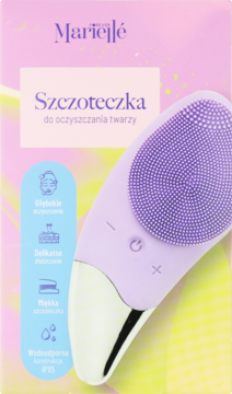 MarieJlé, lawendowa szczoteczka do twarzy z silikonowymi wypustkami, w pudełku z opisem cech.