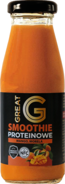 Pomarańczowy koktajl proteinowy GREAT Mango & Morela w szklanej butelce z czarną etykietą, widok z przodu.