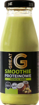 GREAT G Smoothie Proteinowe Pistacja Kokos, zielony napój NFC w szklanej butelce z czarną zakrętką, widok z przodu.