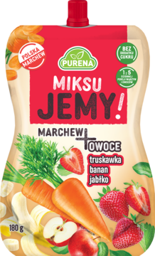 Purena miksuJEMY 180g: marchew, truskawka, banan i jabłko. Czerwono-beżowa saszetka, widok z przodu.