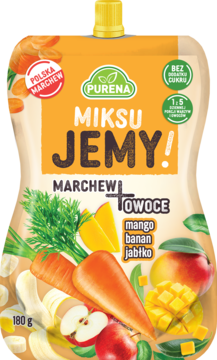 Purena Miksu Jemy, saszetka: marchew, mango, banan, jabłko. Zdrowa owocowo-warzywna przekąska 180g.