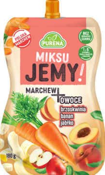 Purena miksuJEMY marchew, brzoskwinia, banan, jabłko, saszetka 180g, bez cukru, z grafiką owoców.