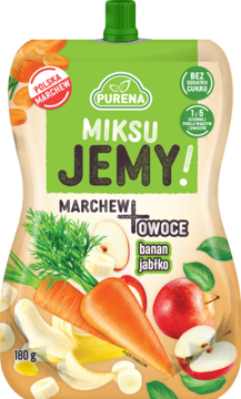 Purena Miksu Jemy!, saszetka marchew+banan+jabłko 180g. Zielono-pomarańczowe opakowanie, widok z przodu.