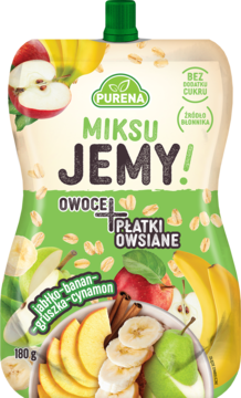 Purena Miksu Jemy! mus jabłko-banan-gruszka-cynamon z płatkami owsianymi 180g, bez cukru, front.