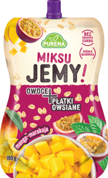 Saszetka Purena MiksuJEMY mus mango-marakuja z płatkami owsianymi, 180g, bez dodatku cukru, widok z przodu.