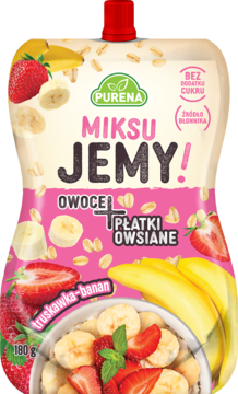 Purena Miksu Jemy! mus truskawka-banan z płatkami owsianymi, biała saszetka 180g, bez cukru, widok z przodu.