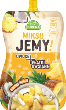 Żółto-biała saszetka Purena Miksu JEMY! ananas-kokos, mus owocowy z płatkami owsianymi, 180g, widok przód.