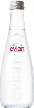 Evian naturalna woda mineralna w przezroczystej szklanej butelce, srebrna nakrętka i różowe logo z górami.