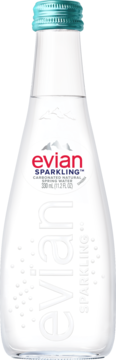 Evian Sparkling Natural Spring Water 330ml w przezroczystej butelce z turkusową zakrętką, widok z przodu.