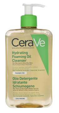CeraVe Hydrating Foaming Oil Cleanser w przezroczystej butelce z zieloną pompką, widok z przodu.