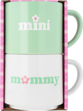 Eloy zestaw dwóch kubków mini mommy 280 ml, zielony i biały z różowym kwiatkiem, w różowym pudełku.