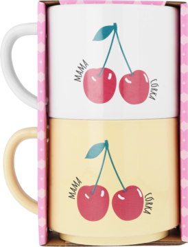 Eloy zestaw dwóch kubków mama córka, 280 ml. Biały i żółty kubek z wiśniami i napisem, w różowym pudełku.