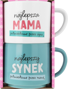 Eloy zestaw dwóch kubków mama syn w różowym pudełku. Biały kubek z różowym napisem 'MAMA', turkusowy z białym 'SYNEK'.