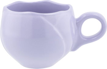 Eloy ceramiczny kubek w lawendowym kolorze, z falowanym brzegiem i wyprofilowanym korpusem, widok z boku.